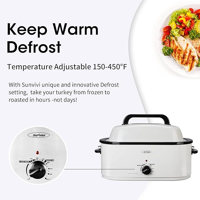 Sunvivi 26 Quart Electric Roaster with Removable Pan, 30 LB Electric Turkey Roaster Oven with Visible & Self-Basting Lid,Large Roaster with Turkey Holder and Cool-Touch Handles,White Body