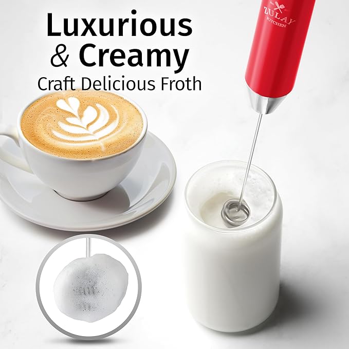 Zulay Kitchen Lux Electric Milk Frother Rechargeable Handheld - Powerful 2-Speed Motor, Waterproof, 2000mAh Battery - Drink Mixer for Latte, Cappuccino, Matcha & Protein Powder - Scarlet