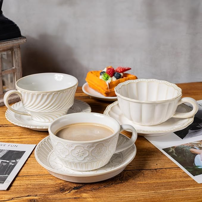 Latte Cup with Saucer, 12 OZ Cappuccino Cup Vintage Cafe Art Cups for Espresso Turkish Coffee, Farmhouse Latte Mugs Tea Cups and Saucers Porcelain Set Christmas Gift