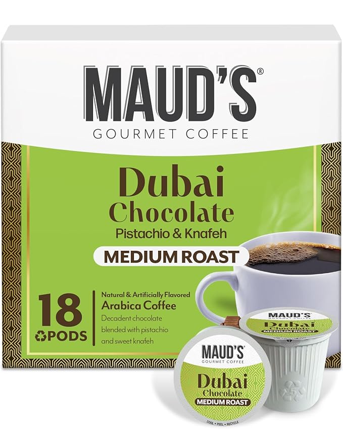 Maud's Dubai Chocolate Flavored Coffee Pods, 18 ct, Medium Roast Flavored Coffee in Recyclable Single Serve Pods – 100% Arabica Beans, Compatible with Keurig K Cups Maker