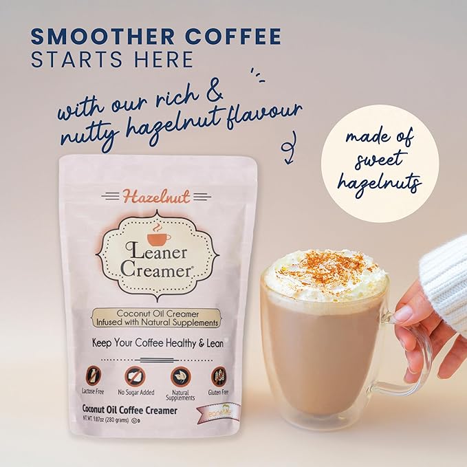 Leaner Creamer Coconut Creamer with Superfood Ingredients – Non-Dairy, Sugar-Free, Keto, Gluten-Free Powdered Coffee Creamer – Hazelnut Flavor – 280g