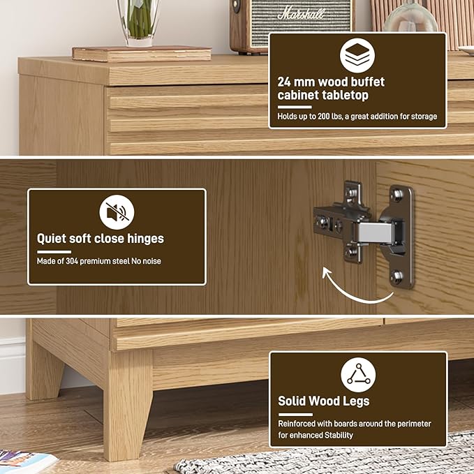 Fluted Coffee Bar Cabinet, Natural Storage Cabinet with 2 Doors and Drawer, Buffet Sideboard with Adjustable Shelves, Floor Storage Cabinets for Kitchen, Living Room, Dining Room