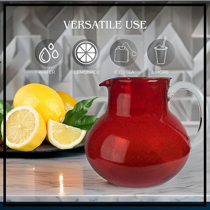 Artland Iris 90 Oz Handblown Glass Pitcher - Bubble Shape, Lead-Free - Versatile Drink Dispenser for Water, Juice, Cocktails - Enhanced Kitchen Decor, Dishwasher Safe (Ruby)