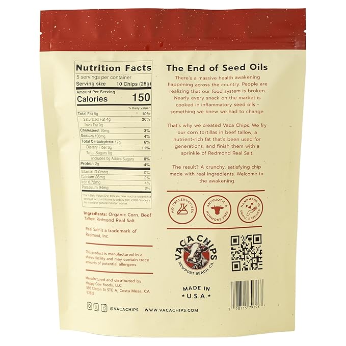 Vaca Chips – Beef Tallow Tortilla Chips, Original Flavor – 3 Pack of 5 oz Bags – Seed Oil Free Snack Made with Organic Corn & Sea Salt – Gluten Free, No Preservatives, Cooked in Beef Tallow