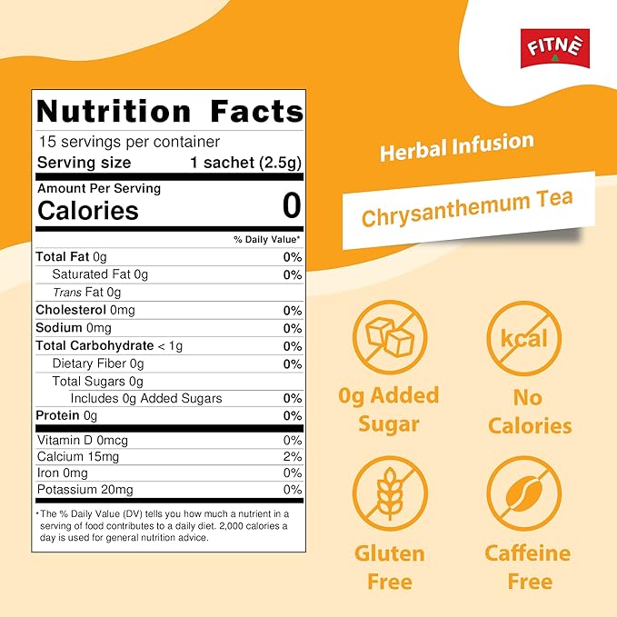 FITNÈ Chrysanthemum Herbal Tea Senna Infusion Smooth Mild Soothing Beverage Natural Gentle Detox Cleanse No Calories Caffeine Free, 15 Tea Bags