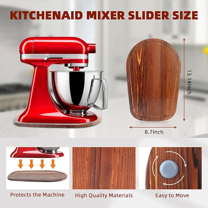 Mixer Slider Compatible with 3.5 QT Kitchen Aid Stand Mixers, Kitchen Countertop Storage Mover Sliding Caddy Mixer Slider Mat for Kitchen Aid Stand Mixer Accessories Attachment (Pine Wood - Brown)