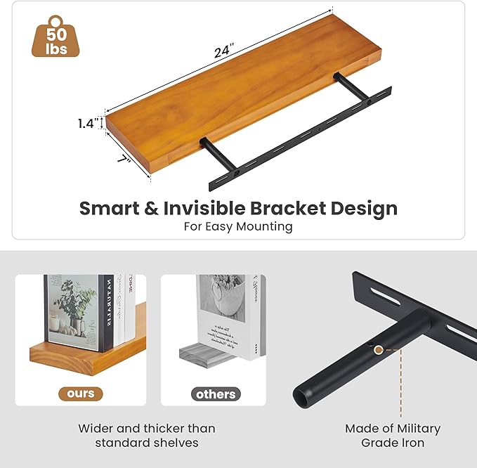 Fun Memories Wood Floating Shelves Set of 2, Rustic Pine Wood Floating Shelves for Wall Mounting, Wide Wall Shelf for Home Decor and Storage, 24" W x 7" D, Honey Oak