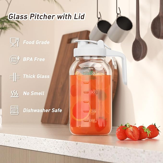 64 oz Glass Pitcher with Lid, Large Wide Mouth Mason Jar with Pour Spout, White Sun Tea Glass Jar for Outside, Breastmilk Pitcher Great for Drink, Cold Beverages and Breast Milk