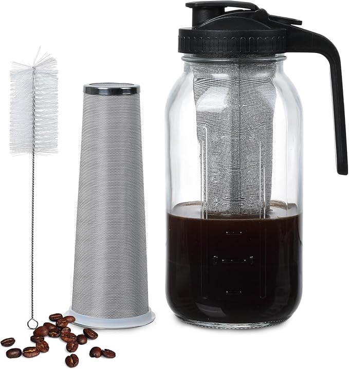 Glass Tea Pitcher with Airtight Lid Leak Proof Mason Jar with Stainless Steel Filter Glass Empty Jar for Water, Tea and Juice (Black)