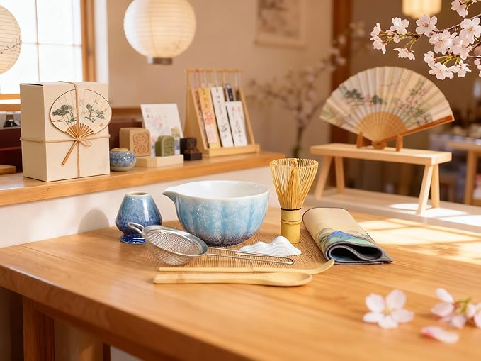 Matcha Whisk set, 8pcs Matcha Making Kit Includes Ceramic Bowl, Bamboo Whisk (Chasen), Whisk Holder, Sifter, Bamboo Scoop, Scoop Rest, Tea Towel, Macha kit for Matcha Tea Ceremony, Blue