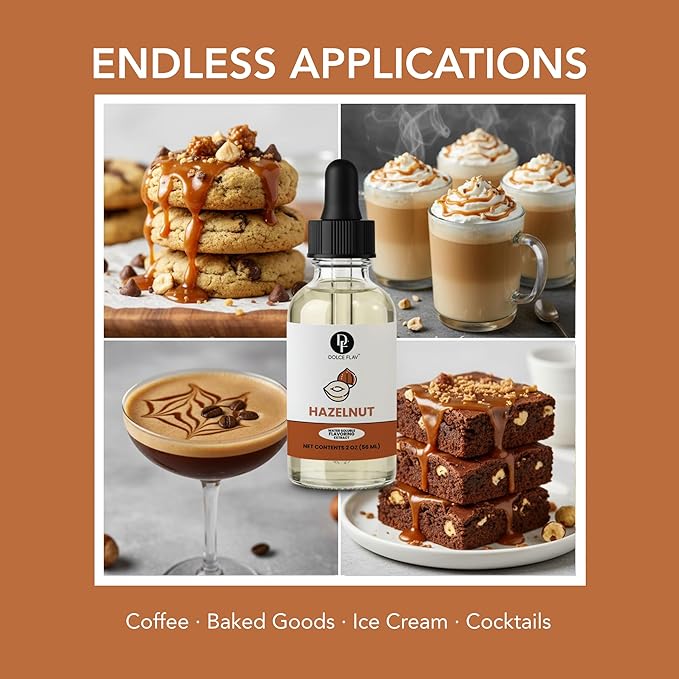 Dolce Flav Natural Hazelnut Extract – 2 Ounce Water-Soluble Kosher, Sugar-Free, Concentrated Toasted Hazelnut Flavoring for Coffee, Baking & Desserts, Includes Measured Dropper