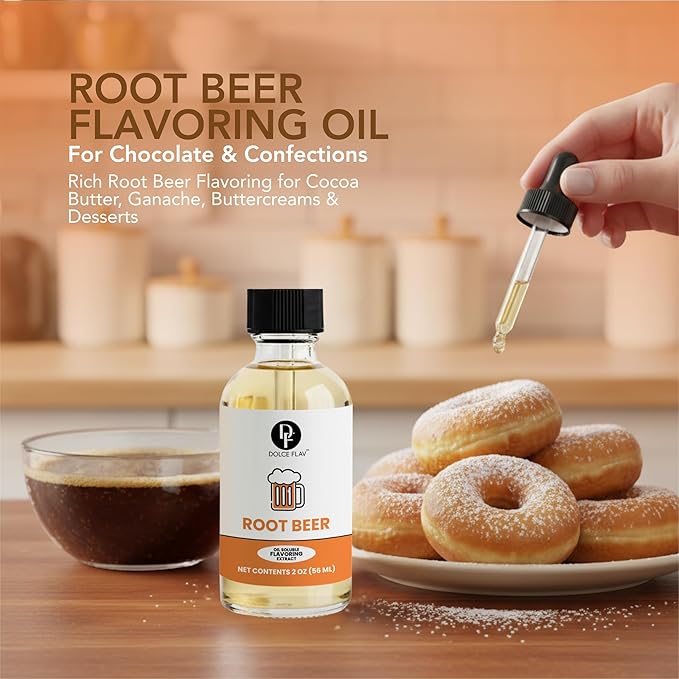 Dolce Flav Root Beer Extract – 2 Ounce Oil-Soluble Kosher, Sugar-Free, Concentrated Classic Root Beer Flavoring for Baking, Chocolates & Desserts, Includes Measured Dropper