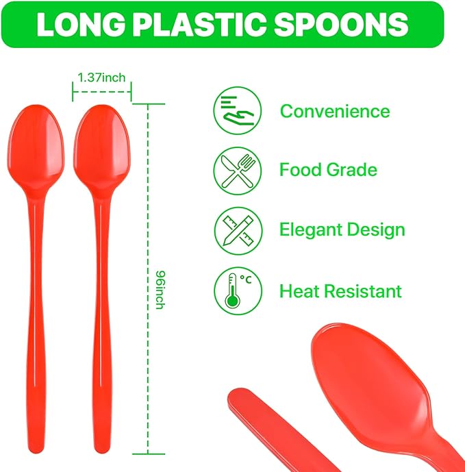 9" Plastic Spoons, Heavy Duty Disposable Spoons, Long Handle Spoon, Plastic Cutlery for Cocktail Stirring Dessert Milkshakes Ice Cream Tea and Floats (192 Pack)