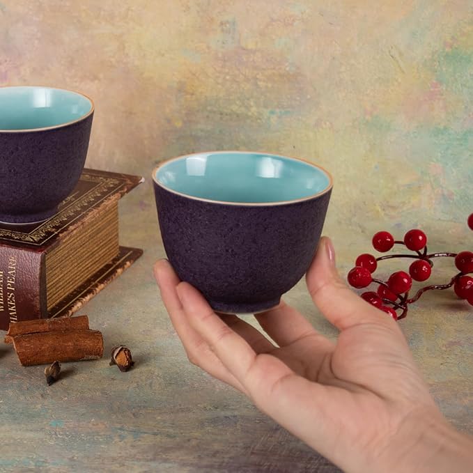 KAMMAK Tea Cup, 4.8oz Small Tea Cups Set of 2, Purple Porcelain Tea Cups Set for Home, Party, Office, Ceramic Teacups, Chinese Kungfu Tea Set for Hot/Cold Drink (Deep Purple)