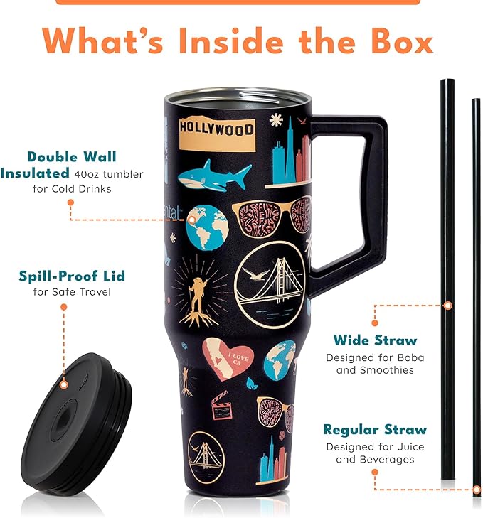 Elemental 40 oz Tumbler with Handle and Straw - Spill Proof Insulated Stainless Steel Commuter for Hot and Cold Beverages - Travel Coffee Mug with 2 Straws & Spill Proof Lid - 40oz-California Dreaming