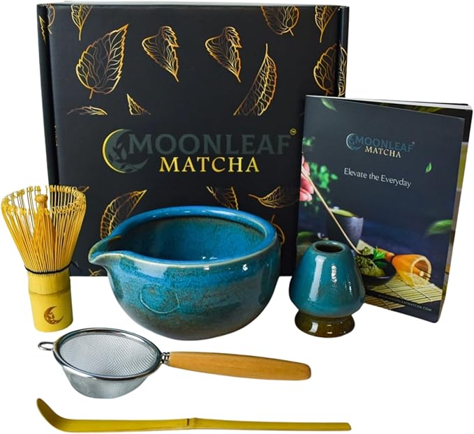 Matcha Whisk Set | Japanese Matcha Kit | Matcha Whisk and Bowl with Spout | 5-piece Set for Making Ceremonial Matcha Tea | Matcha Gift Blue - Christmas, Birthday
