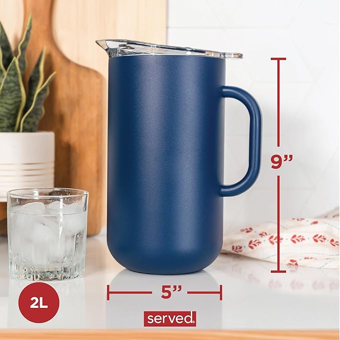 Served Premium Insulated Pitcher (2L/66oz) - Double Walled, Copper Lined Stainless Steel Pitcher with Lid - Vacuum Insulated Carafe for Hot Coffee, Tea, Iced Drinks, Water, Cocktails, and More