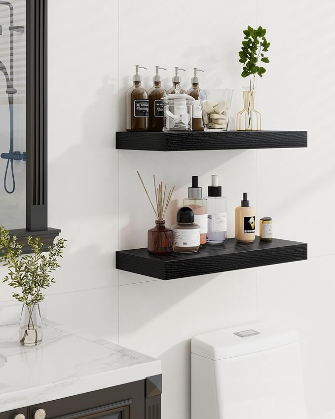 Marsmiles 32" Floating Shelves for Wall, Wooden Shelves with Invisible Brackets Set of 2, Rustic Farmhouse Wall Mounted Shelf for Kitchen Bathroom Living Room Study, Black