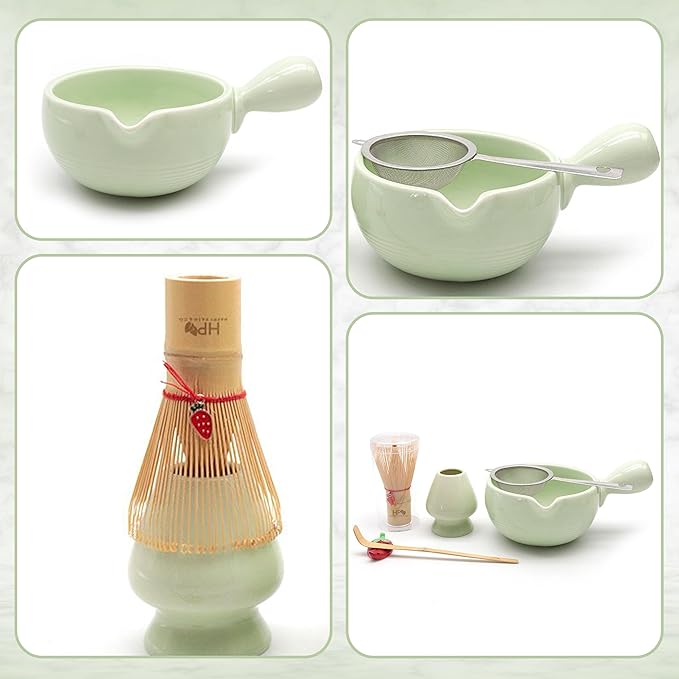 HAPPY PATH & CO Matcha Whisk Set – 6 Pcs Matcha Tea Set Includes Bamboo Whisk(Chasen) & Holder,Bowl with Spout,Sifter,Scoop & Stand | Matcha Making Kit - Perfect for Matcha Lovers(Mint Berry)
