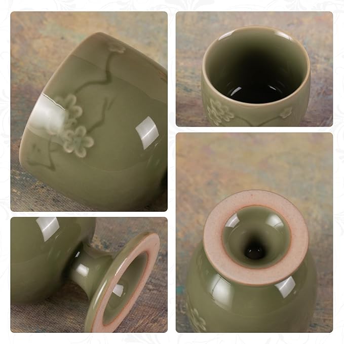 KAMMAK Tea Cup, Porcelain Tea Cups Set, 1.6oz Small Tea Set of 2 for Home, Office, Party, Ceramic Teacups with Short Stem, Chinese Kungfu Tea Set for Hot/Cold Drink（Mugwort Green
