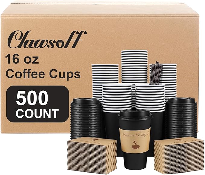 500 pack 16 oz Coffee Cups with Lids, Disposable To Go Paper Coffee Cups with Sleeves and Stirring Sticks for Hot/Cold Drinks Office Home Shop Event