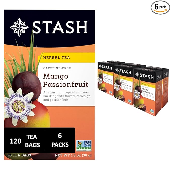 Stash Tea Mango Passionfruit Herbal Tea - Naturally Caffeine Free, Non-GMO Project Verified Premium Tea with No Artificial Ingredients, 20 Count (Pack of 6) - 120 Bags Total