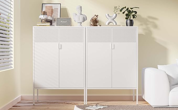 Metal Storage Cabinet,Kitchen Pantry Storage Cabinets with Doors,Buffet Cabinet with 2 Adjustable Shelves,White Pantry Cabinets,Steel Sideboard for Home,Shoes,Office,Dining Room