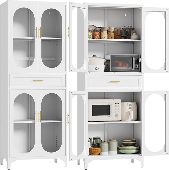 75" Tall Kitchen Pantry Cabinet,Metal Storage Cabinets with 4 Glass Doors and 1 Drawer,Freestanding Display Cupboard for Dining Room,Living Room,Hallway,Bathroom,White