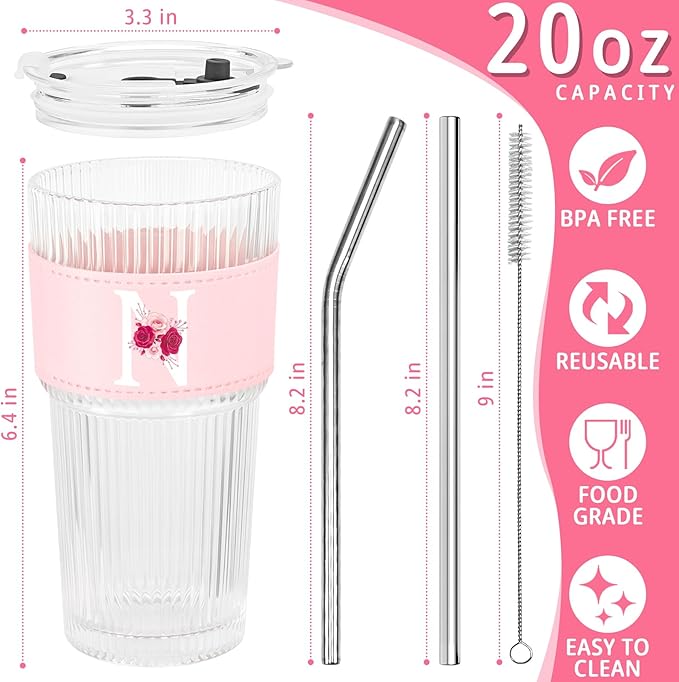 Personalized Gifts for Women,20oz Ribbed Glass Tumbler,Monogrammed Gifts for Women,Birthday Gift,Ice Coffee Mug,Christmas Gift for Mom Sister-N