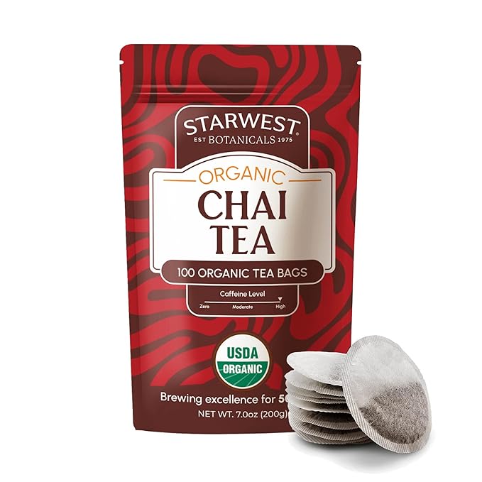 Starwest Botanicals Organic Chai Tea - Caffeinated Herbal Blend with Black Tea & Cinnamon, String Free Sachets, USDA Organic, Non GMO - Bulk Pack, 100 Tea Bags