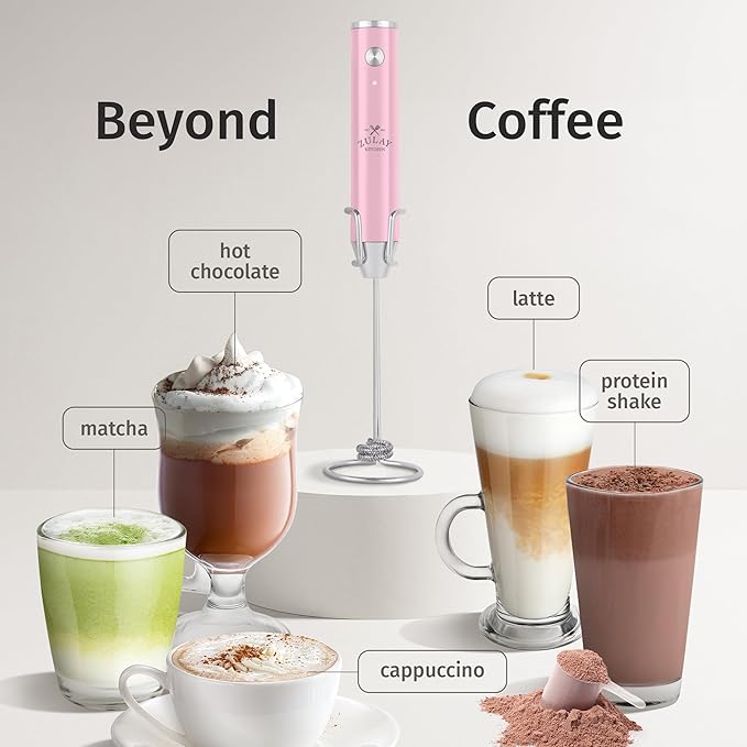 Zulay Kitchen Lux Electric Milk Frother Rechargeable Handheld - Powerful 2-Speed Motor, Waterproof, 2000mAh Battery - Drink Mixer for Latte, Cappuccino, Matcha & Protein Powder - Pink Bubblegum