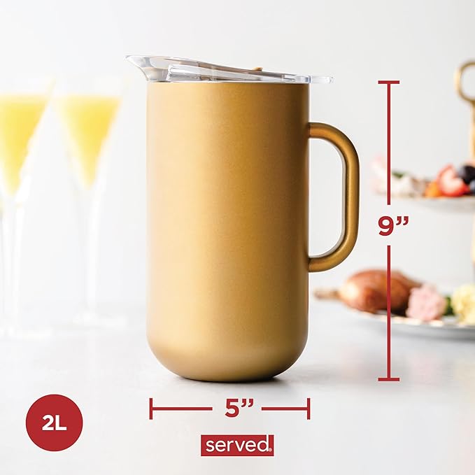 Served Premium Insulated Pitcher (2L/66oz) - Double Walled, Copper Lined Stainless Steel Pitcher with Lid - Vacuum Insulated Carafe for Hot Coffee, Tea, Iced Drinks, Water, Cocktails, and More