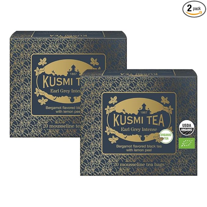 Kusmi Tea - Pack of 2 Boxes of Tea Bags - Earl Grey Intense - Organic Earl Grey Black Tea - Features Bolder Bergamot & Tangy Lemon - Strong, Robust, Caffeinated Tea - 2x20 Tea Bags