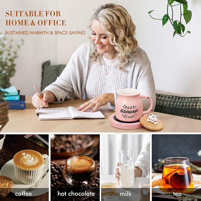 Coffee Mug Warmer, Best Grandma Ever Mug, Cute Cat Mug Set, Coffee Cup Warmer for Desk, Gifts for Grandma, Pink Heated Coffee Warmer for Nana Home Office Christmas Birthday Gifts