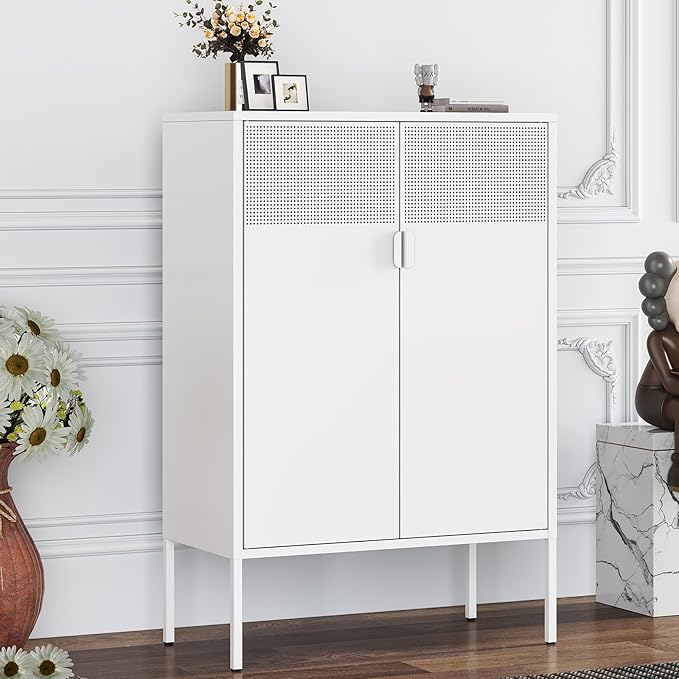 White Metal Storage Cabinet with 2 Doors - 47''H Locker Cabinet, 3 Tier Locker with Adjustable Shelves, Office Storage Locker for Office, Home, Living Room, Kitchen