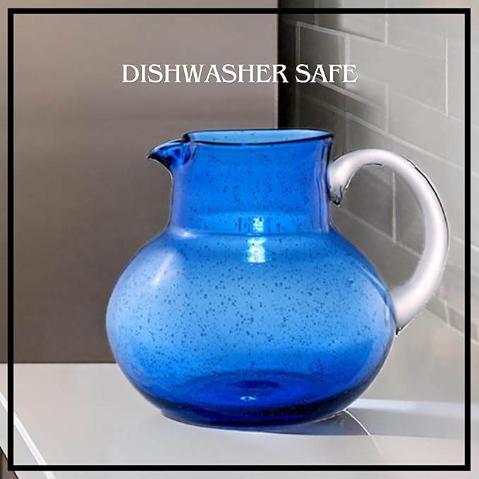 Artland Iris 90 Oz Handblown Glass Pitcher - Bubble Shape, Lead-Free - Versatile Drink Dispenser for Water, Juice, Cocktails - Enhanced Kitchen Decor, Dishwasher Safe (Cobalt Blue)