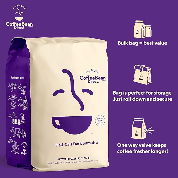 Coffee Bean Direct Half-Caff Dark Sumatra, Whole Bean Coffee, Dark Roast, 5 Pound Bag (Pack of 1)