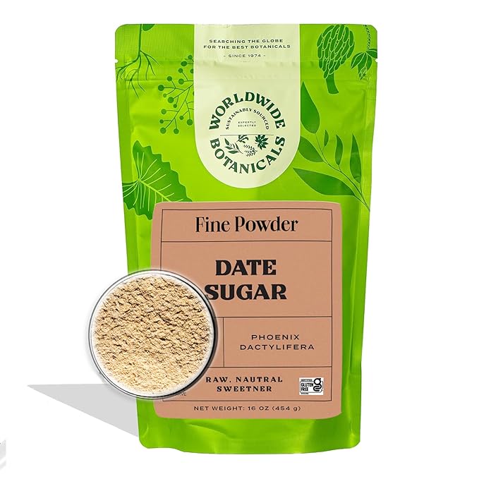 Worldwide Botanicals Date Sugar Fine Powder - 1 lb - 100% Pure Dried Dates, Natural Whole Food Sweetener for Baking, Nutrient Rich with Fiber, Gluten-Free - 16 ounces