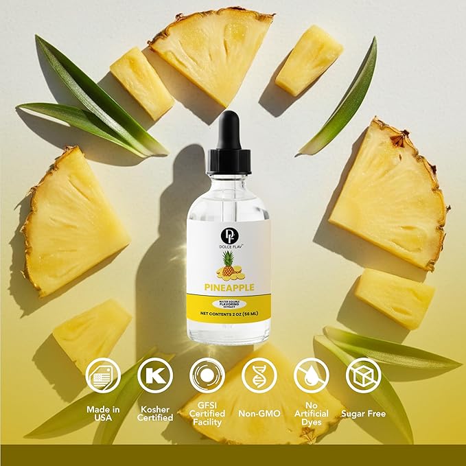 Dolce Flav Natural Pineapple Extract – 2 oz Water-Soluble Pure Pineapple Flavoring Drops for Baking, Drinks & Desserts | Highly Concentrated | Sugar Free | Allergen Free | Made in USA