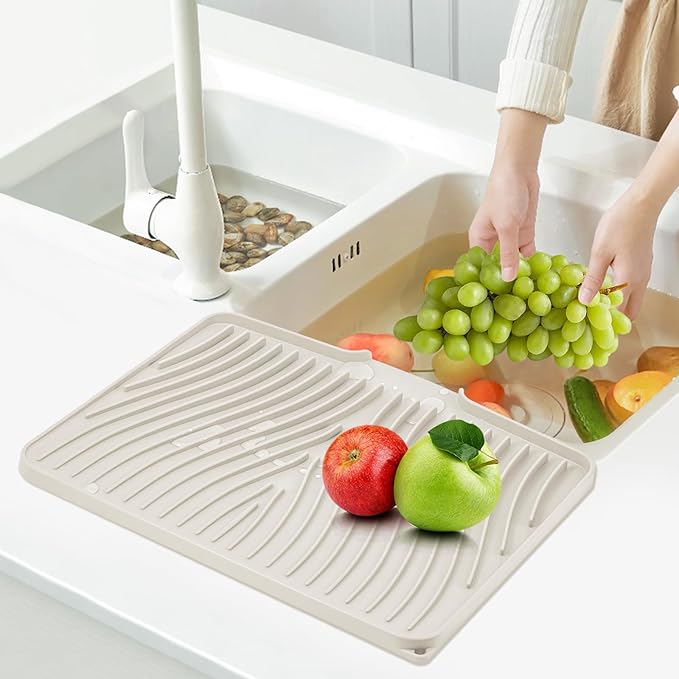 Silicone Dish Drying Mat, Stone Drying Mat for Kitchen Counter with Built-In Drain, Non-Slip Drain Pad with Built-in Drain, Heat Resistant Stone Drying Mat, 1Pcs 19.7" x 17", Cream