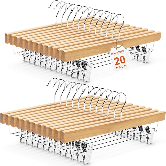 HOUSE DAY Wooden Pants Hangers with Clips, Solid Lotus Deluxe Wood Skirt Hangers, Heavy Duty & Anti-Rust Hook for Wrinkle-Free Slacks, Skirts, Jeans, Space Saving for Closet 20 Pack (Natural)