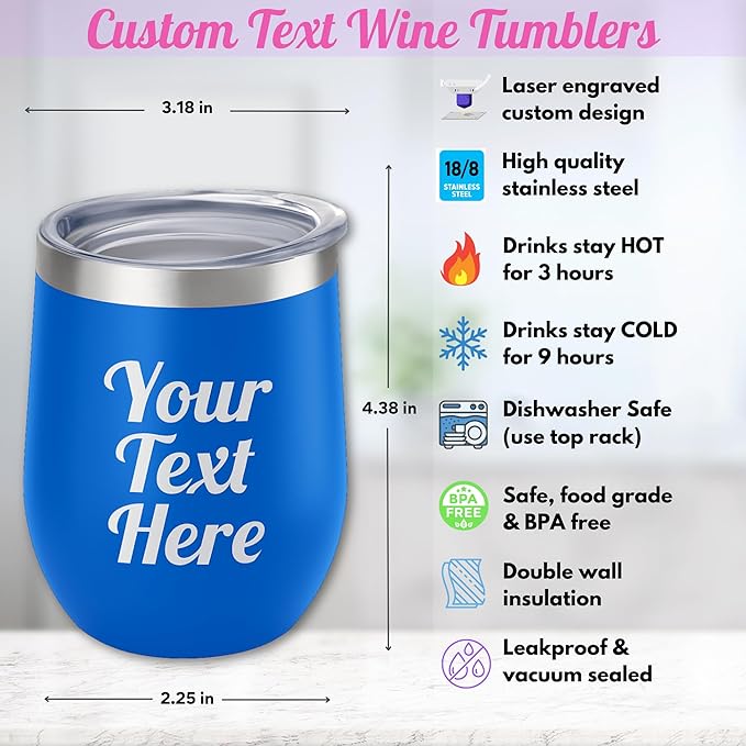 Gifts Inscribed Personalized Wine Tumbler with Lid – Blue Custom Text Engraved Stainless Steel Insulated Mug for Hot & Cold Drinks – Customized Bridesmaid, Wedding, or Birthday Gift