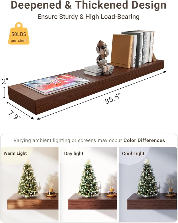 Walnut Floating Shelves for Wall Mounted, 2 Inch Thick Wooden Floating Shelves, 8 Inch Deep Shelves Over Toilet, 36"x8" Wall Shelves for Kitchen Living Room Bathroom, 50LBS Capacity, Set of 2