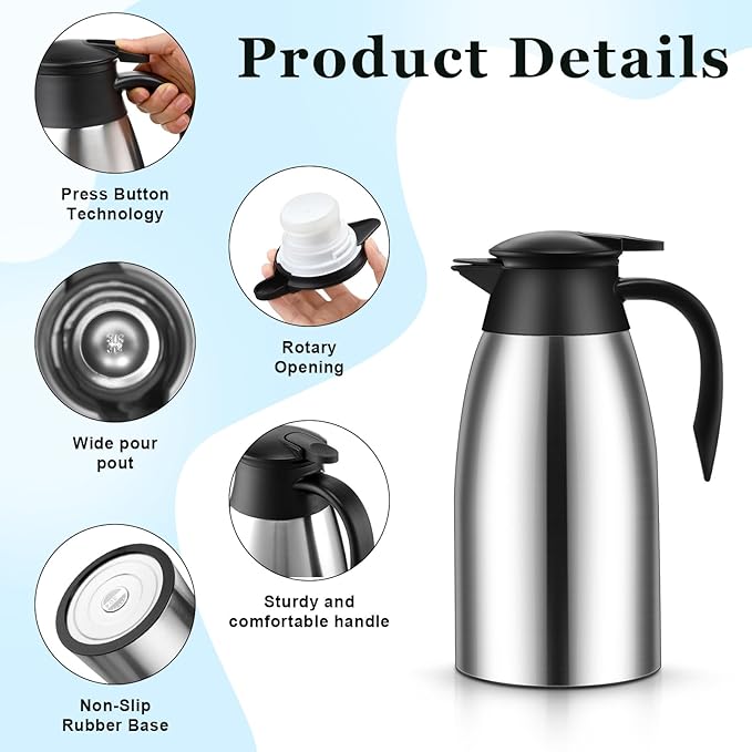 2 Pcs 51 oz Thermal Coffee Carafe for Keeping Hot Insulated Stainless Steel Vacuum Thermal Pot Flask Double Walled Vacuum Coffee Carafe for Beverage Water Tea, 12 Hot 24 Hours Cold(Silver)