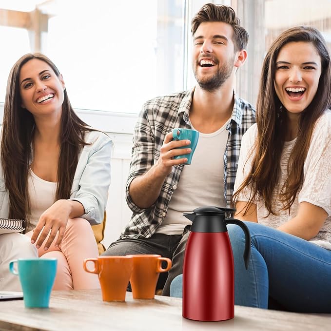 2 Pcs 51 oz Thermal Coffee Carafe for Keeping Hot Insulated Stainless Steel Vacuum Thermal Pot Flask Double Walled Vacuum Coffee Carafe for Beverage Water Tea, 12 Hot 24 Hours Cold(Red)
