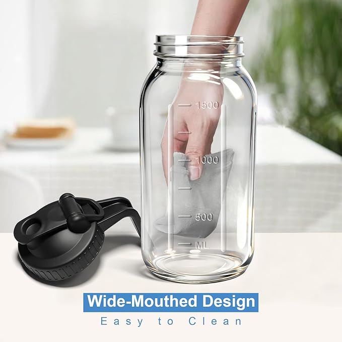 Glass Pitcher Carafes with Lid and Handle, 64oz Water Pitcher Mason Jar, Leakproof Fridge Glass Jug, Large Water Carafe for Coffee, Lemonade, Iced Tea, Beverage, Juice