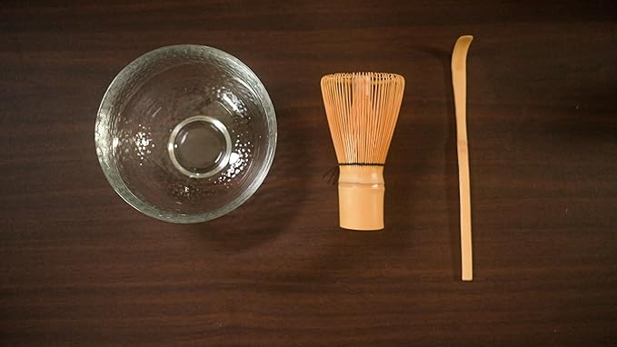 Glass Matcha Bowl 3 Piece Set, Made in Japan, Heavy Duty Hand Made Tokyo-Glass Chawan, Heat and Cold-Resistant, Bamboo Matcha whisk (chasen), Matcha Spoon (chashaku) set