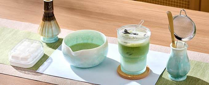 Matcha Whisk Set – Crystalline Glaze Bowl, Bamboo Whisk & Holder, Scoop & Sifter with Holder, Cup with Lid & Straw, Ice Cube Tray & Tea Towel – Blue Matcha Gift Set for Women, Christmas Gifts