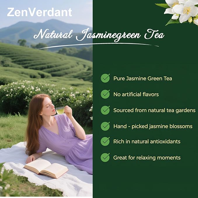 ZenVerdant Premium Jasmine Green Tea Loose Leaf, 12oz | 7x Scented, Low Caffeine, High Antioxidant | Cold Brew Ready, Smooth Taste, Natural Floral Notes