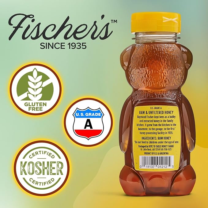 Fischer's Clover Honey, 12 Oz – 100% Pure, Raw & Unfiltered Honey – Squeezable Bear Bottle – Gluten-Free, Non-GMO – All-Natural Sweetener